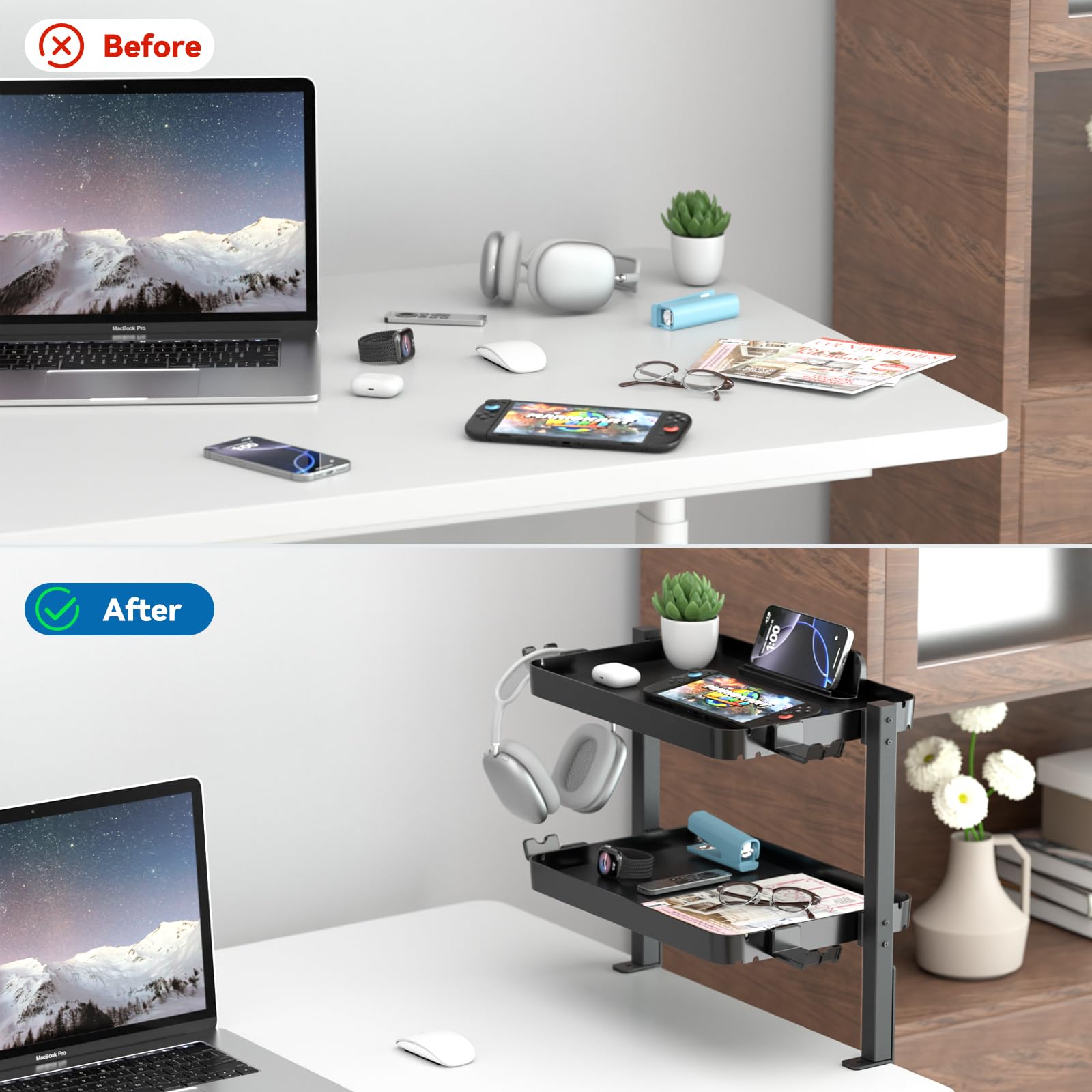 KDD Organizer da scrivania con morsetto, regolabile a 2 ripiani, sopra o sotto la scrivania, con vassoio di grande capacità, supporto per telefono e tablet, gancio per cuffie, senza fori, per
