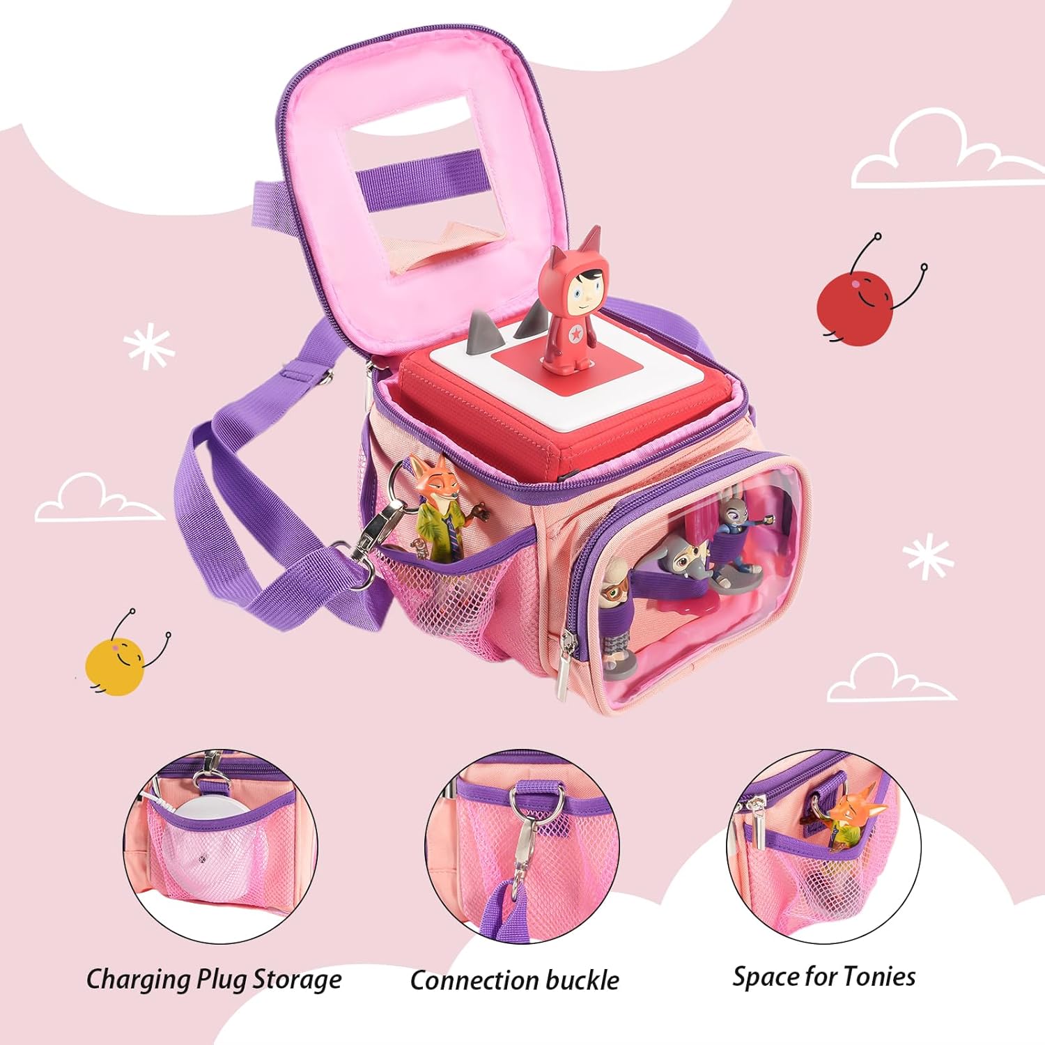 Hautton Carrying Case for Toniebox, Portable Storage Travel Bag for Tonies Figures Charging Station with Shoulder Strap Handle and Toniebox Ears Cover -Pink - Image 4