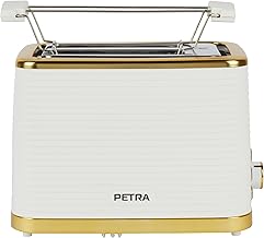 Petra Toaster 2 Slices 930 W, Bread Toaster with Bun Attachment and 7 Browning Levels, Toaster with Defrost & Reheating Function, Removable Crumb Tray, White/Gold
