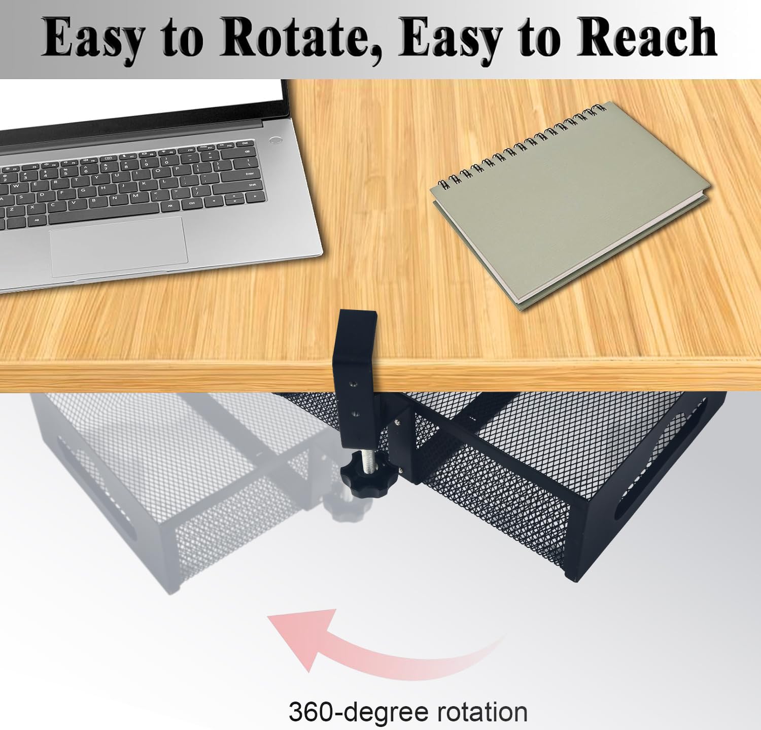 Organizer da scrivania con rotazione a 360°, installazione a morsetto senza trapano, robusto cassetto portaoggetti in rete per casa, ufficio, matite, forniture artistiche e altro (nero)