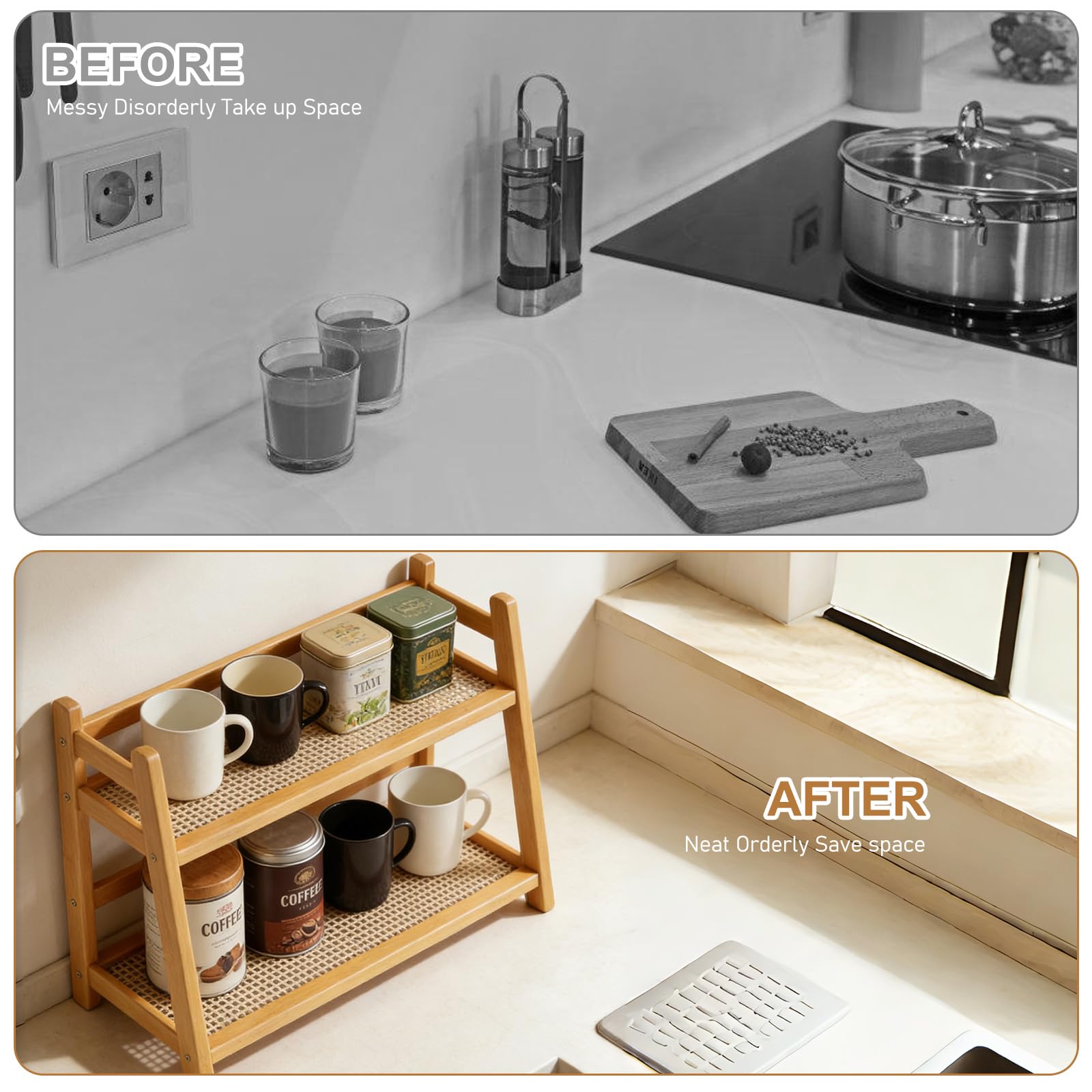 45 x 18 x 29 cm Organizador de cocina, 2 niveles de imitación de bambú, tejido de ratán, decoración de cocina, organización, almacenamiento de cápsulas de café y estante para especias, almacenamiento