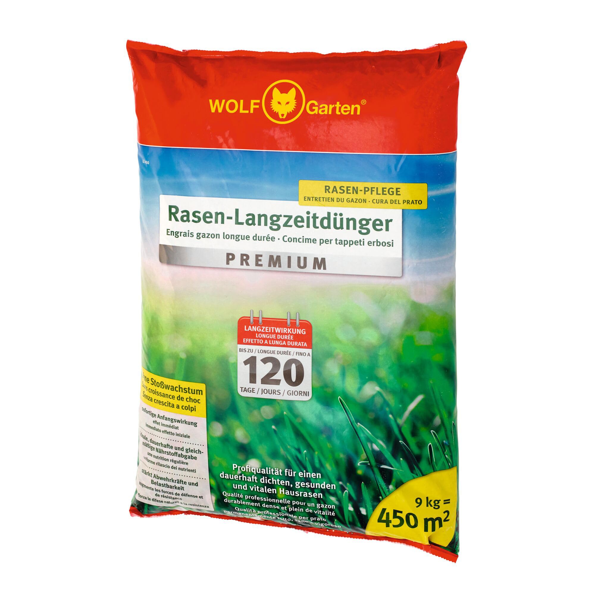WOLF-GARTEN Rasen-Langzeitdünger „Premium“ LE 450 (mit Langzeitwirkung für 120 Tage, ohne Stoßwachstum, stärkt die Abwehrkräfte & Belastbarkeit des Rasens, ausreichend für 450 m2) 3830046