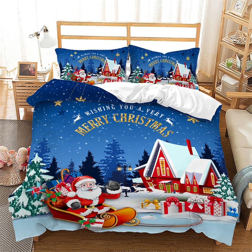 Housse de couette 240 x 260 Noël bleu douceur : finie la couette qui glisse du lit