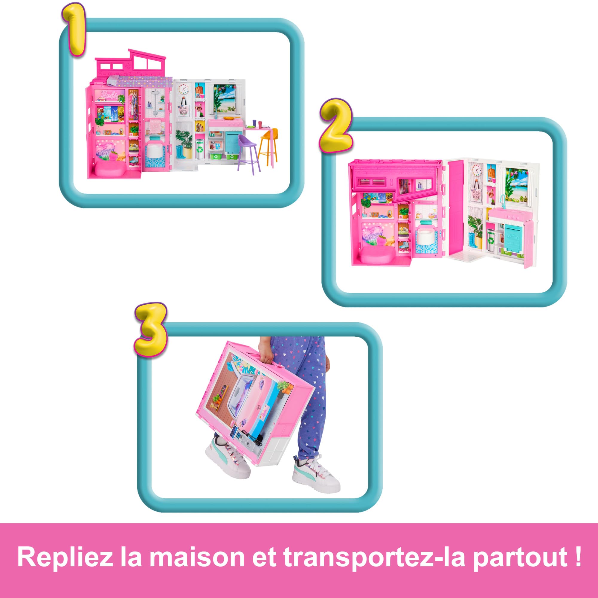 Barbie Maison de Vacances Coffret avec poupée, avec 4 Zones de Jeu Dont Une Cuisine, Une Salle de Bains, Une Chambre et Un Salon, 11 Accessoires de décoration, HRJ76
