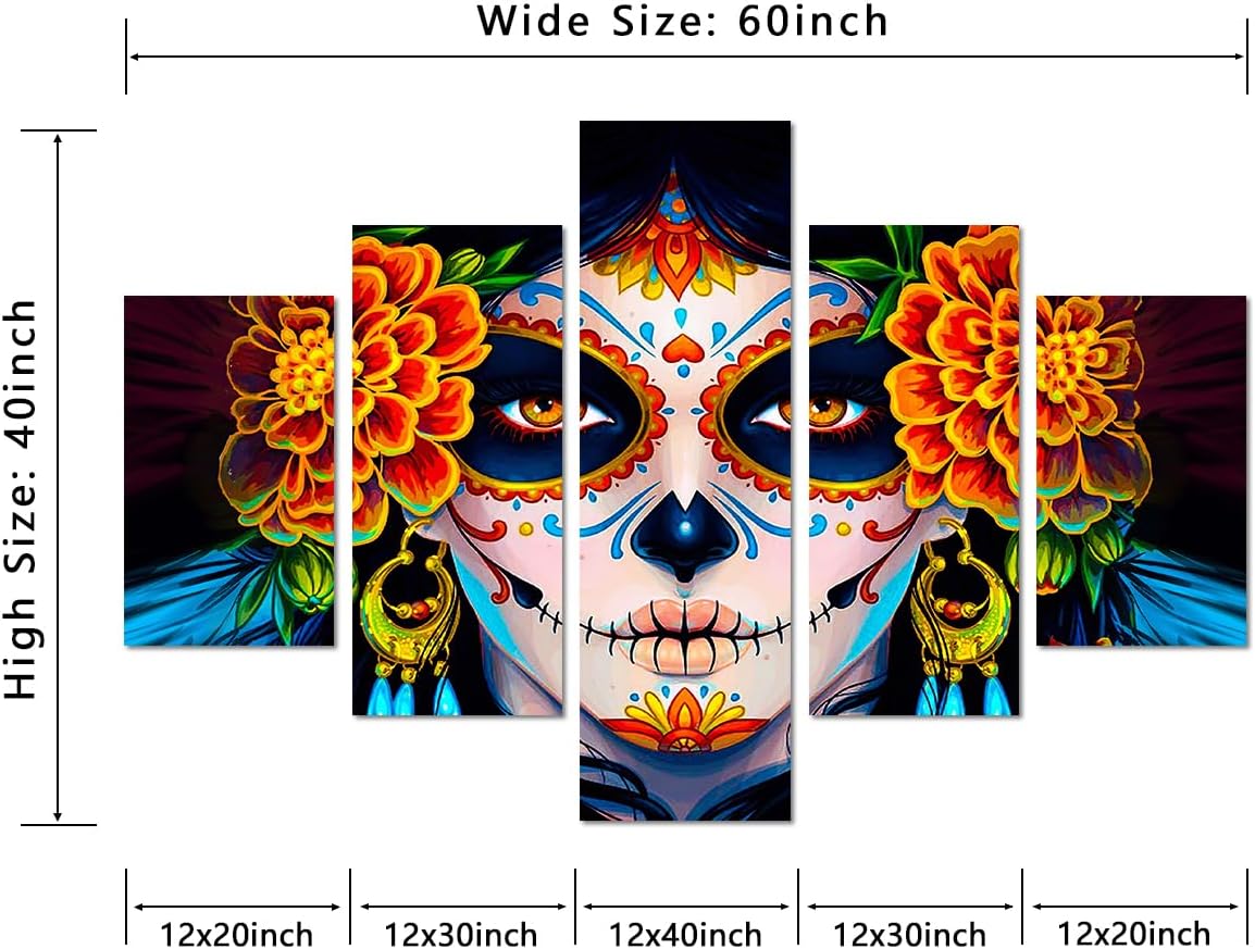 Sugar Skull Girl's Face Canvas Paintings Wall Art Day of the Dead Dia De Los Muertos Artwork Modern Home Decor Saints Day Halloween Wall Art Set of 5, Framed 60" x 40" image 5