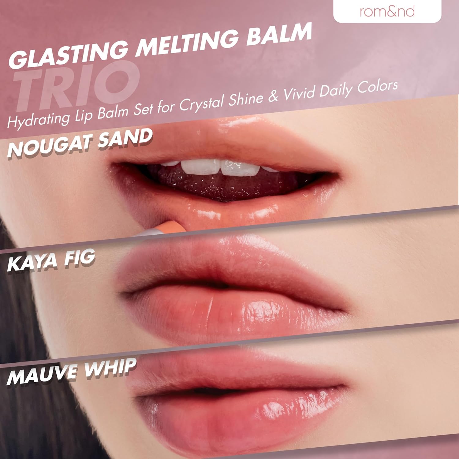 rom&nd Glasting Melting Balm Trio | Hydrating Lip Balm Set for Crystal Shine & Vivid Daily Colors | Non-Sticky, Gentle Formula for Plump, Dewy Lips | #05 Nougat Sand, #06 Kaya Fig, #07 Mauve Whip - Image 3