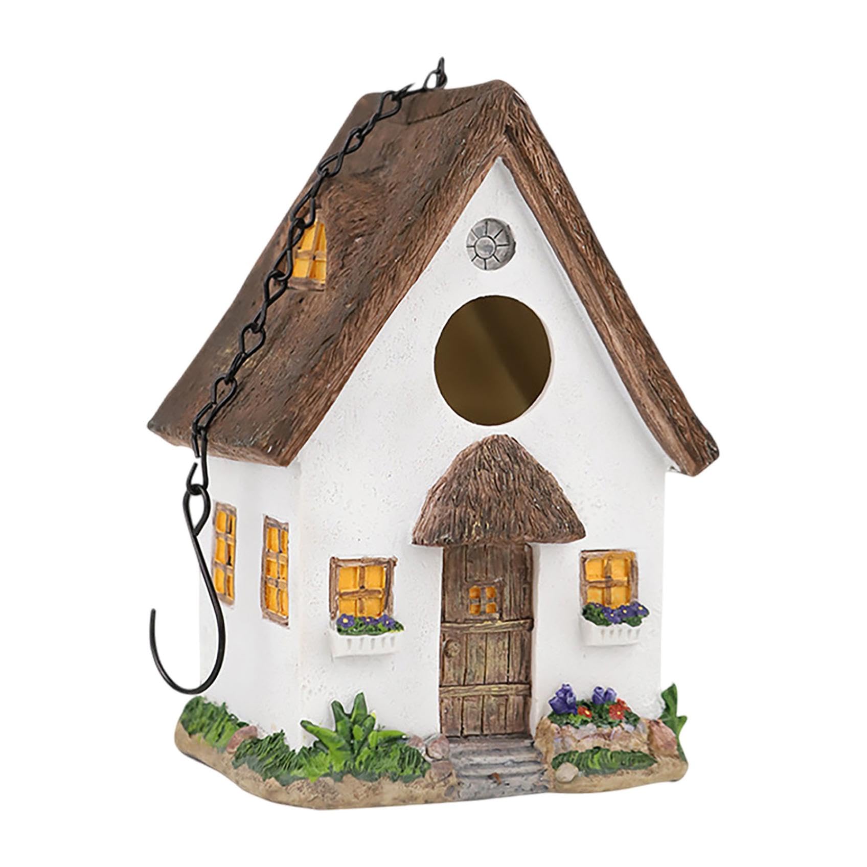 Casetta per uccelli, resistente alle intemperie, stile rustico, ornamento da giardino per esterni, da appendere, impermeabile, in resina, ottimo regalo per gli amanti degli uccelli (bianco)