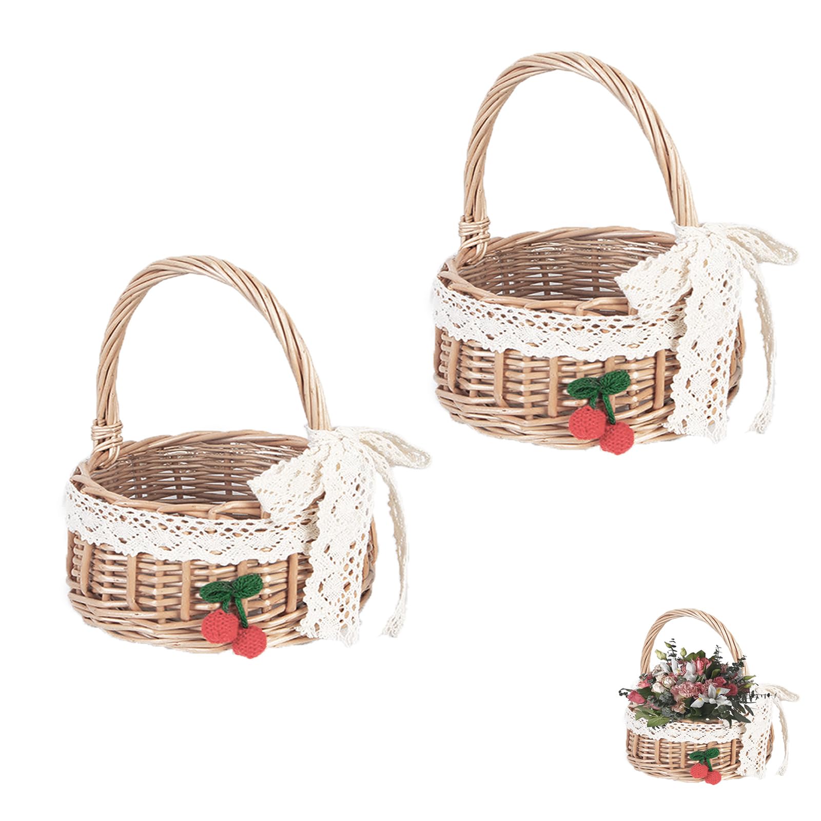 2 Pezzi Cesti per Fiori Intrecciati a Mano, Cesto di Vimini per Fiori In Rattan, Cestini Vimini, Cestino Matrimonio, Cestino per Damigella, per Matrimonio Decorazione Di Casa (Nastro Medio)
