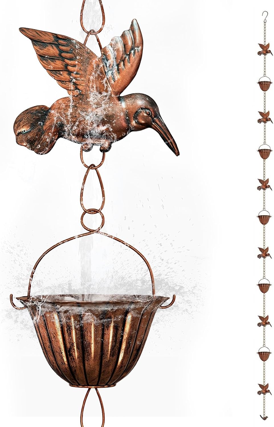 8.8ft Copper Rain Chains for Gutters Outside - Adjustable Steel Hanging Rain Hutter Decorative Rain Catcher with 6 Metal Cups,8 Hummingbird Ornaments for Garden Eaves Drainage