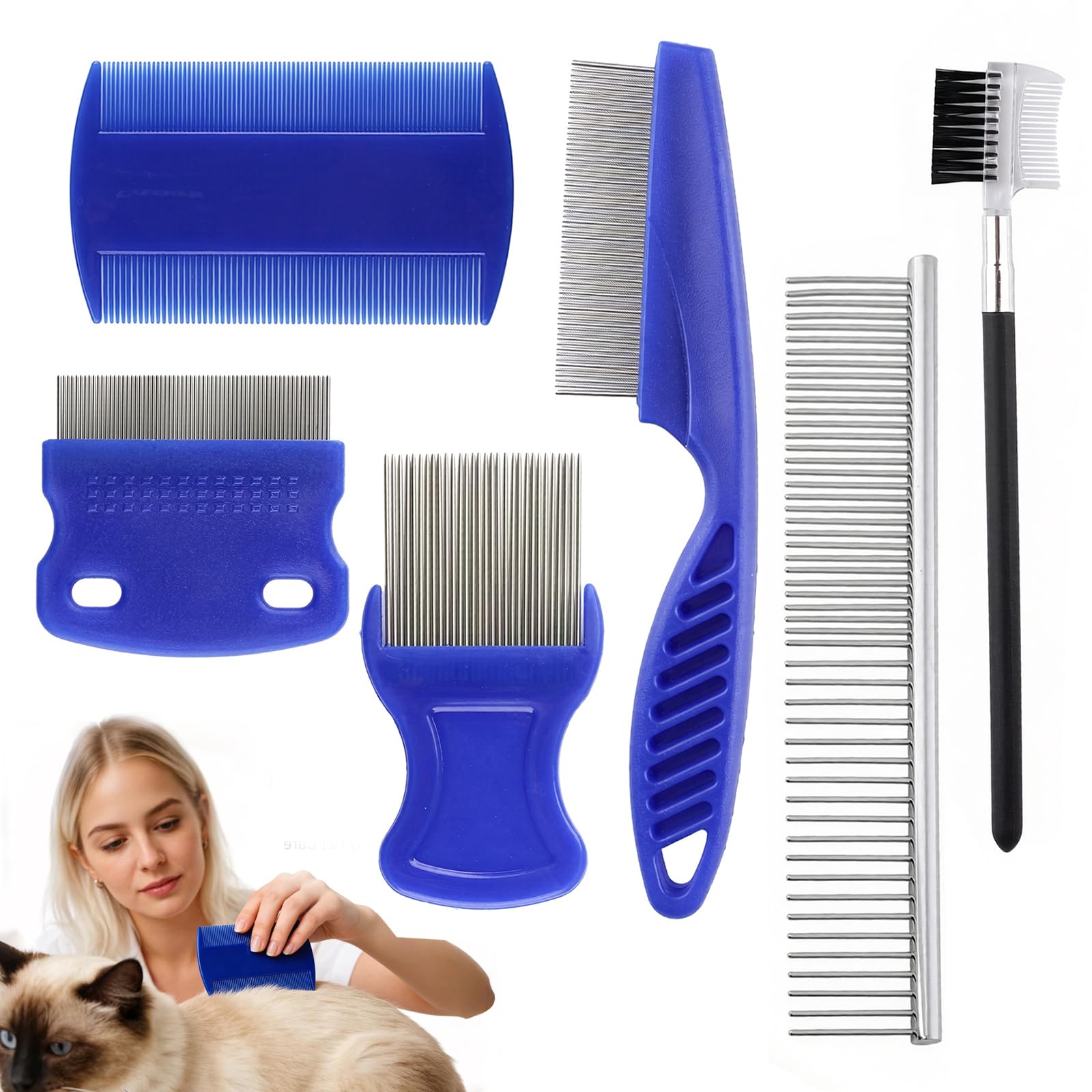 7 Pcs Professional Pet Grooming Kit featuring Flea & Tick Combs for Cats and Dogs;Includes Tear Stain Remover and Dematting Comb;Stainless Steel Pet Comb Set for Kitten,Puppy,Small Dogs