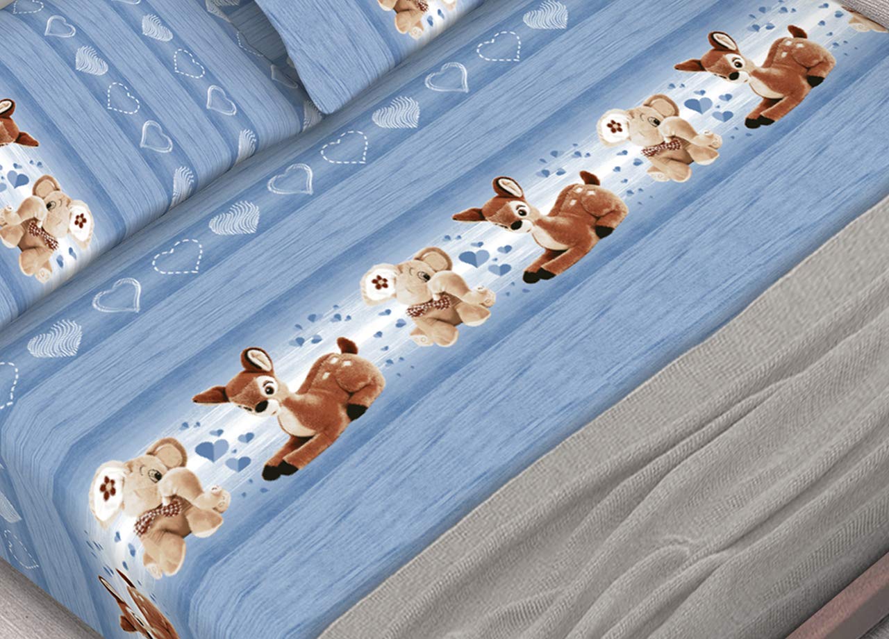 SOFFICIOSO Set Completo Lenzuola Estate in Puro Cotone Dis. Peluches Azzurro CN Singolo Azzurro