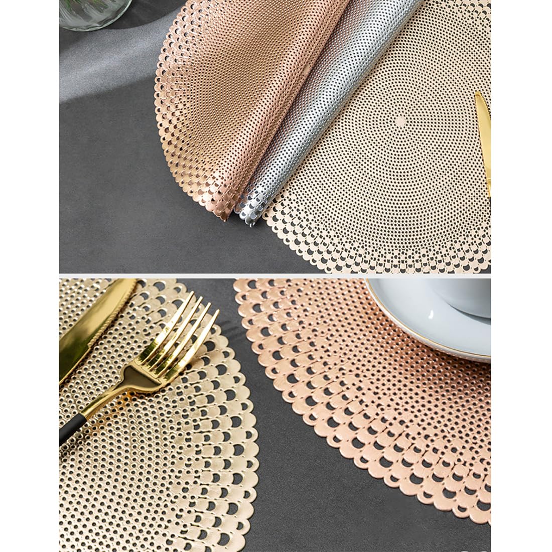 Bohemian PVC Round Placemat 38 Cm (14,9 Pouces) - Mat De Table Imperméable avec Design Ouvert pour La Maison De Restauration À Domicile,Or Rose,10pcs