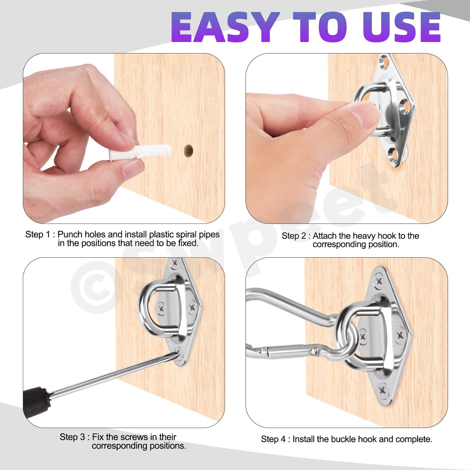 Swpeet 40 Pcs M8 Premium Heavy Duty Rhombus Stainless Steel Screw Hooks Kit with Pad Eye Hooks, Snap Hook - Image 4