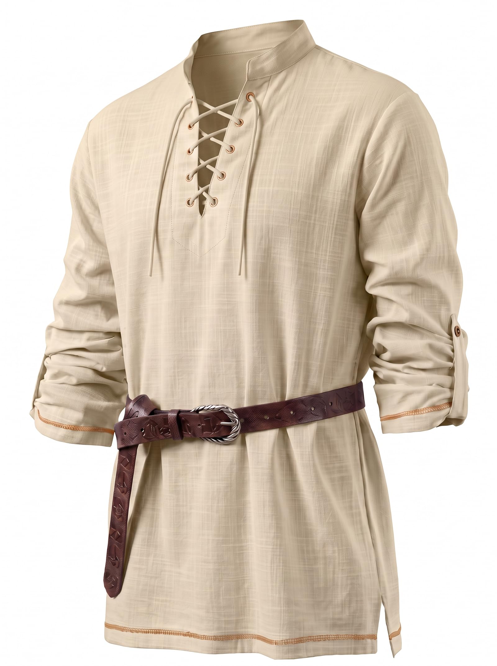 CTU Men's Medieval Pirate Viking Stand Collar Shirt Khaki XXL