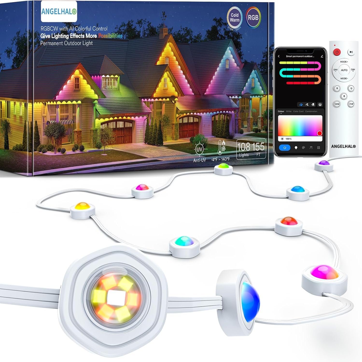 ANGELHALO Permanent Outdoor Lights Pro, 155ft with 108 LED Lights for Daily and Accent Lighting, Multiple Scene Modes Eaves Lights with Warm and Cool White Light, IP65 Waterproof, Works with Alexa