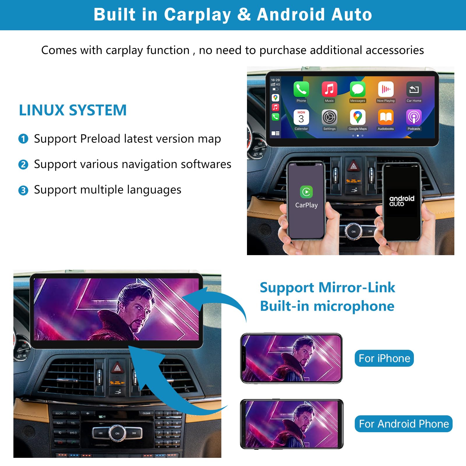 Radio samochodowe 12,3 cala z CarPlay i Android Auto do Mercedesa Benz E Coupe W207 z lat 2012-2015 NTG4.5/4.7, obsługuje Mirrorlink, kamerę i nawigację