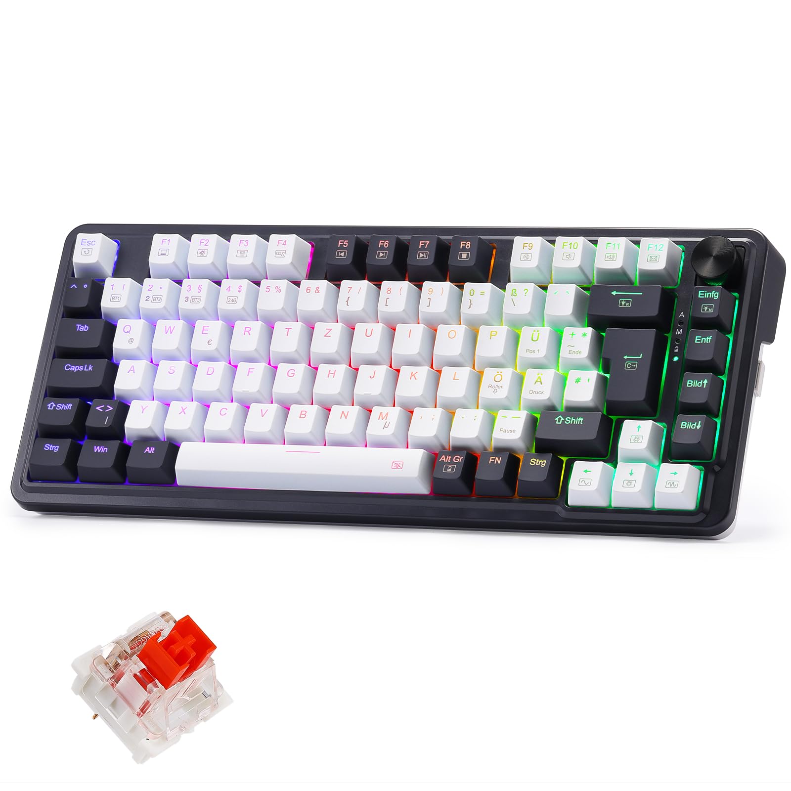 Redragon K673 PRO Kabellose QWERTZ DE Gaming-Tastatur, Gasket Struktur 75% kompaktes Design 82 Tasten Hot-Swap-Rote Schalter Mechanische Tastatur mit Knopf RGB-Beleuchtung, 2.4G/BT/Type-C Verbindungen