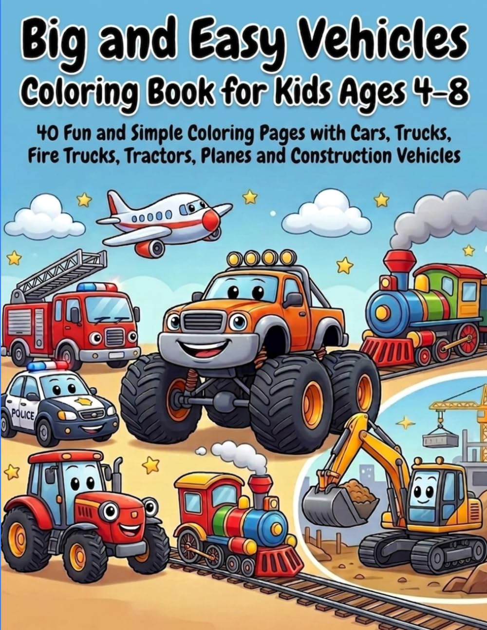 Big and Easy Vehicles Coloring Book for Kids Ages 4–8: 40 Fun and Simple Coloring Pages with Cars, Trucks, Fire Trucks, Tractors, Planes and Construction Vehicles (Big and Easy Coloring Adventures)