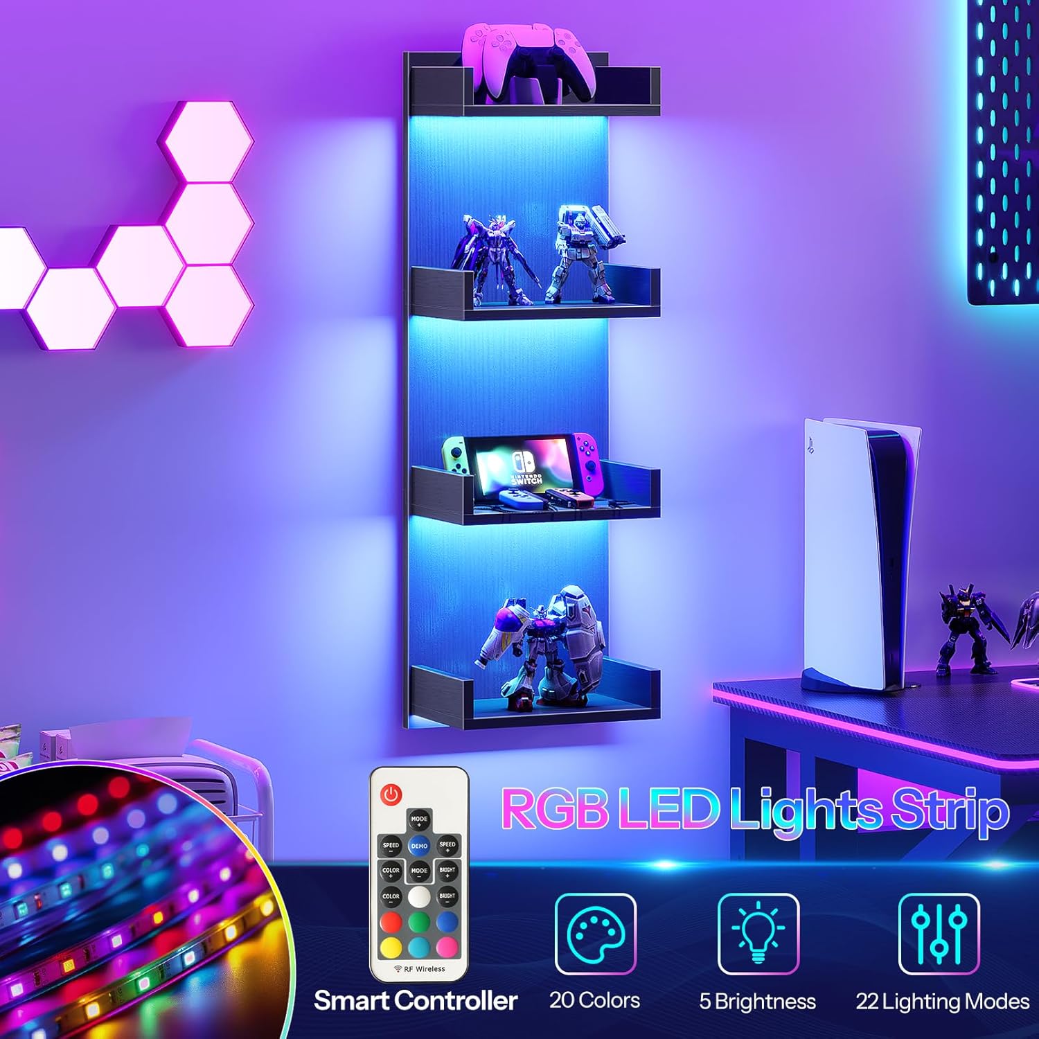 HOOBRO Floating Wall Shelves with LED Lights displaying a gaming setup, with the remote control and various RGB LED light features highlighted.