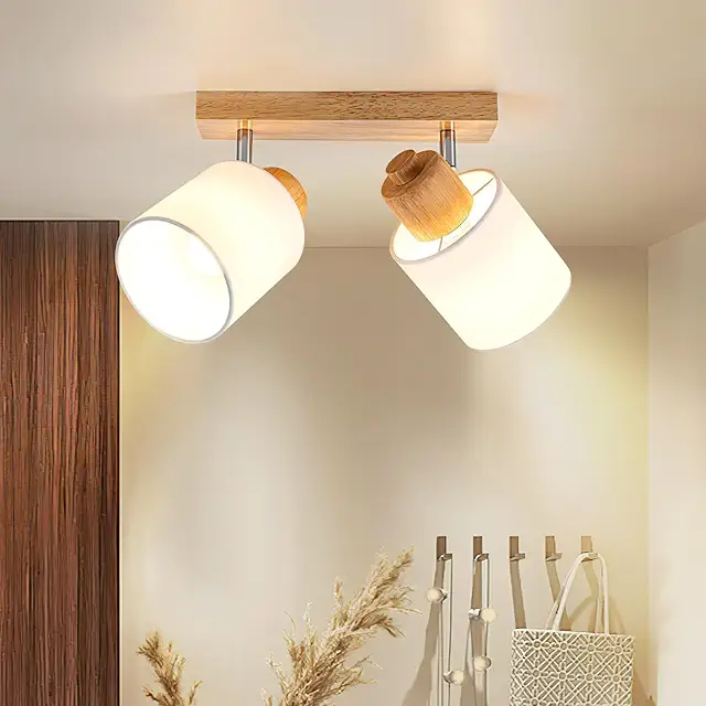 Plafonnier Spot Bois 2 Orientables - Applique Murale Double Vintage E14