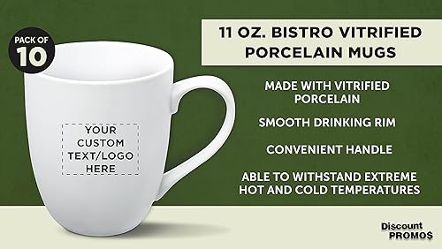Miniatura 3 de DISCOUNT PROMOS Juego de 10 tazas de porcelana vitrificada Bistro, 11 onzas, texto personalizable, logotipo, gres, café, té, blanco