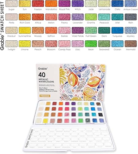 Miniatura 3 de Grabie Juego de pintura metálica para acuarela, 40 polvos brillantes y ricos, paquete de lata versátil, suministros de arte, gran combinación de