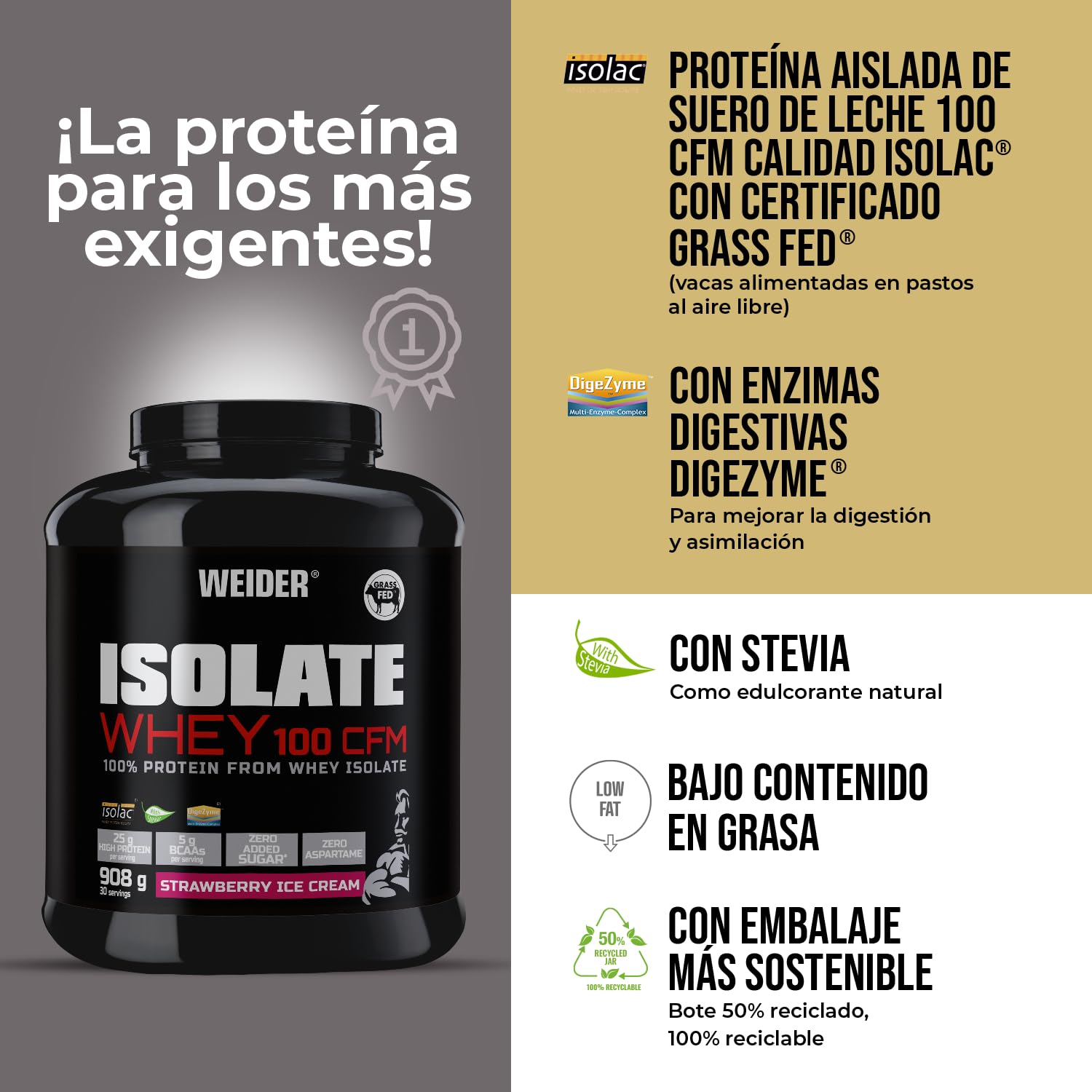Weider Isolate Whey 100Cfm, Sabor Fresa, 100% Aislado de Proteina de Suero. Cero Azúcar, Cero Aspartamo, con Stevia, con Dygezime, con Bcaa, Apto para Veganos, Isolac, Keto, Negro, 908 Gramos | de Suero de Leche, 25g Proteínas /porción, Con Enzimas, Sin A