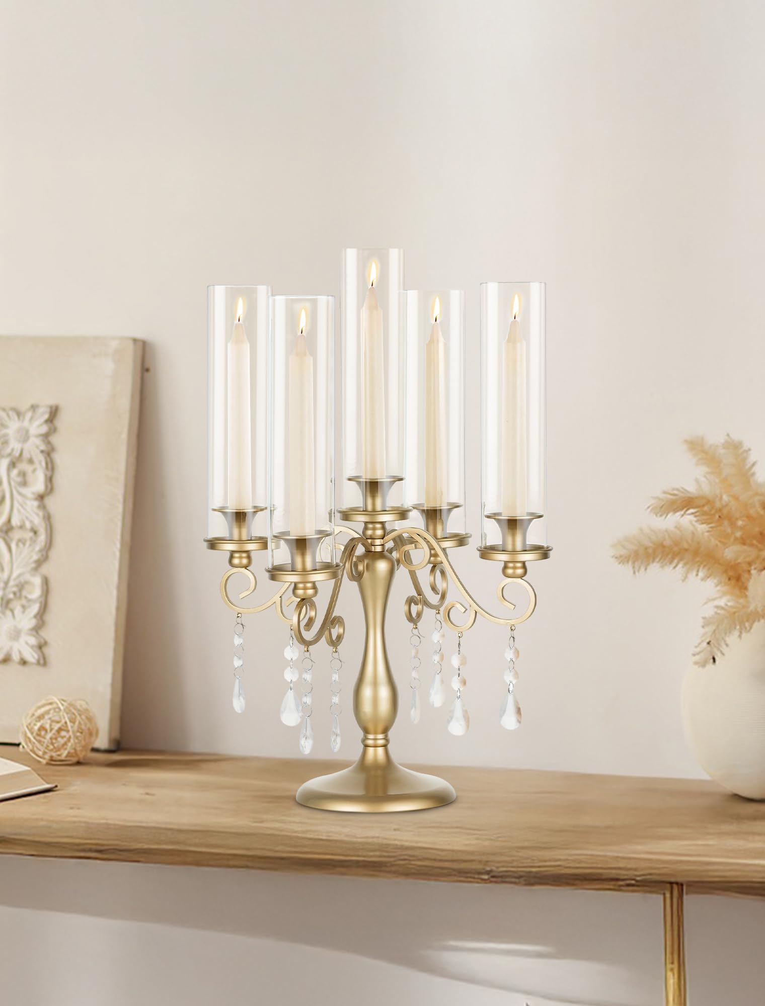 Sziqiqi Bougeoirs Candélabres Chandelier Or: Chandelier 5 Branches pour Centre de Table de Mariage - Candélabres Vintage avec Verre en Forme D'ouragan pour Dîner en Plein air Fête de Noël Anniversaire
