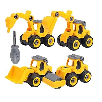 EIRMON New Construction Toy Vehicle DIY Toys for Kids with Screw Driver, Fordable JCB Toys (Set of 4 - Yellow)