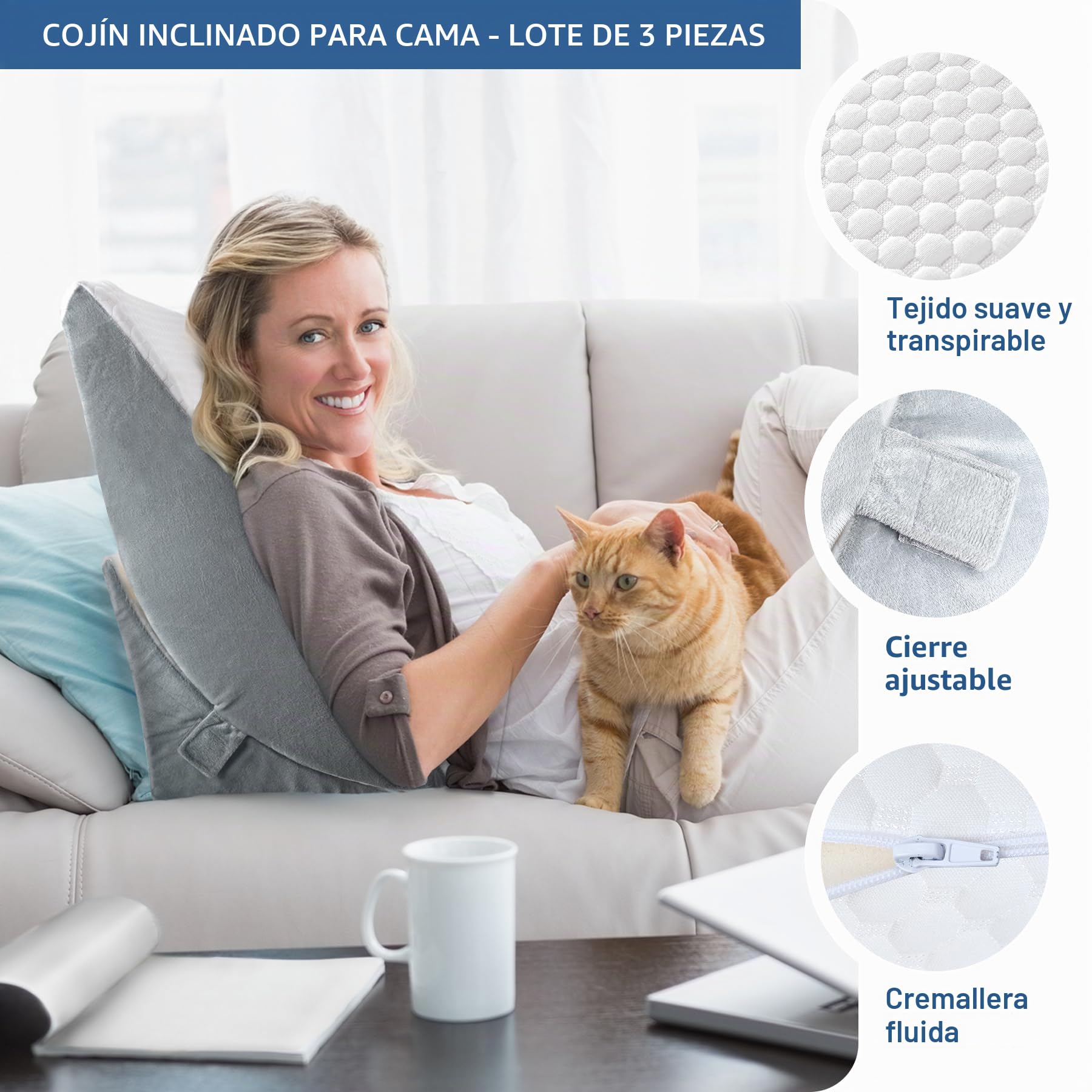 INFANZIA Cojín reclinado para cama, Cojines ortopédicos de esquina para cama - Apnea del sueño, reflujo gástrico, levantamiento de piernas| Cojín Triángulo de Espuma con Memoria