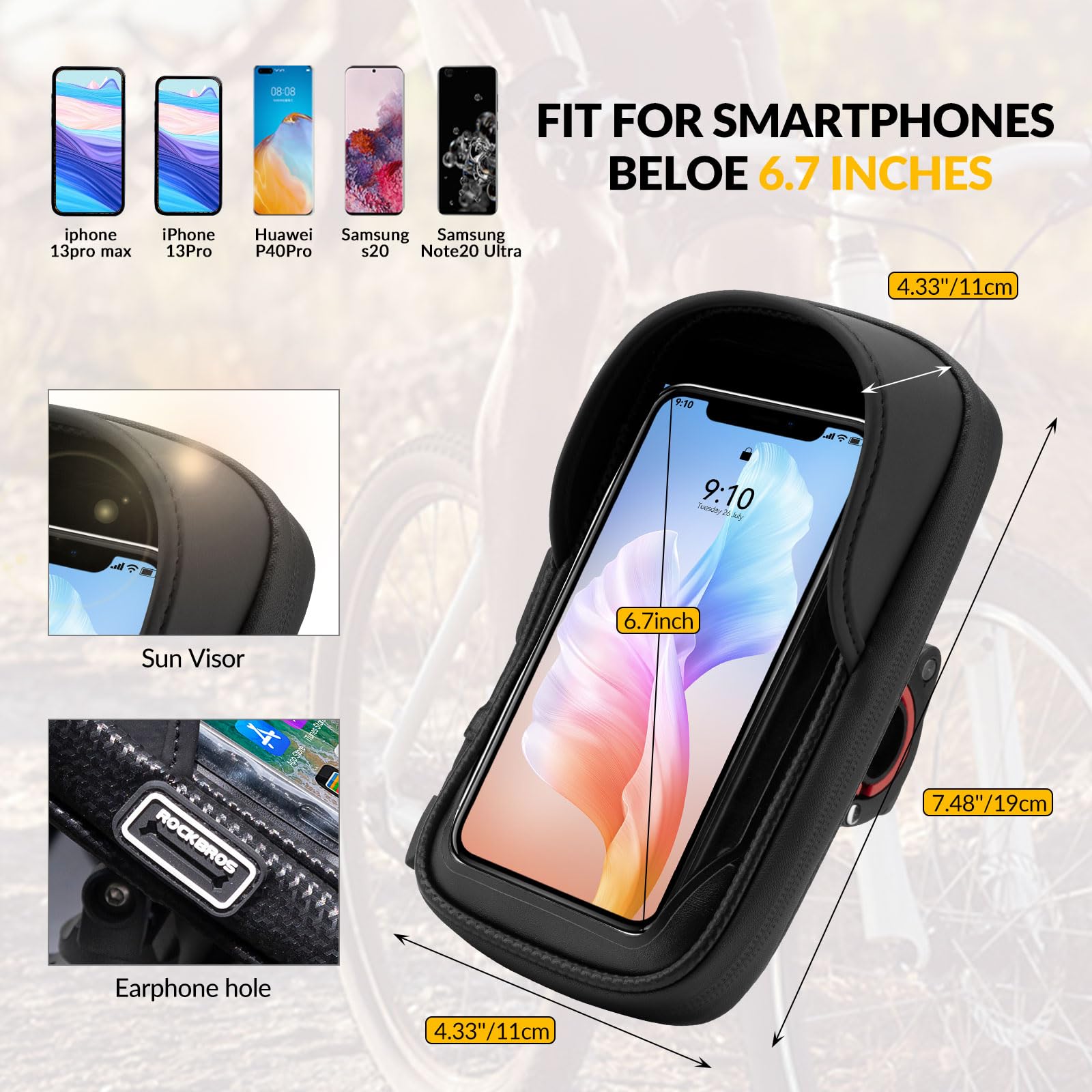 ROCKBROS Borsa Bici Portacellulare Touch Screen <6.2" Tubi 1.8-2.6cm | Schermo Touch Sensibile, Regolabile per Tubi di Diverse Misure, Installazione Veloce, Compatibile con MTB, Scooter e Moto