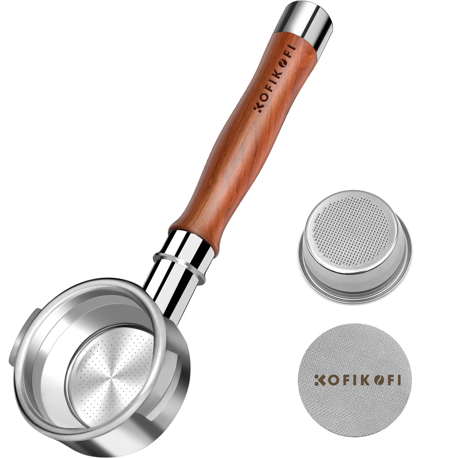 KOFIKOFI 58mm Bottomless Portafilter 2 Ears, Rosewood Handle Naked Portafilter with Puck Screen and Filter Basket, for E61, Flair 58, ECM, Rocket, Sanremo, Synesso, Slayer, VBM Espresso Machines