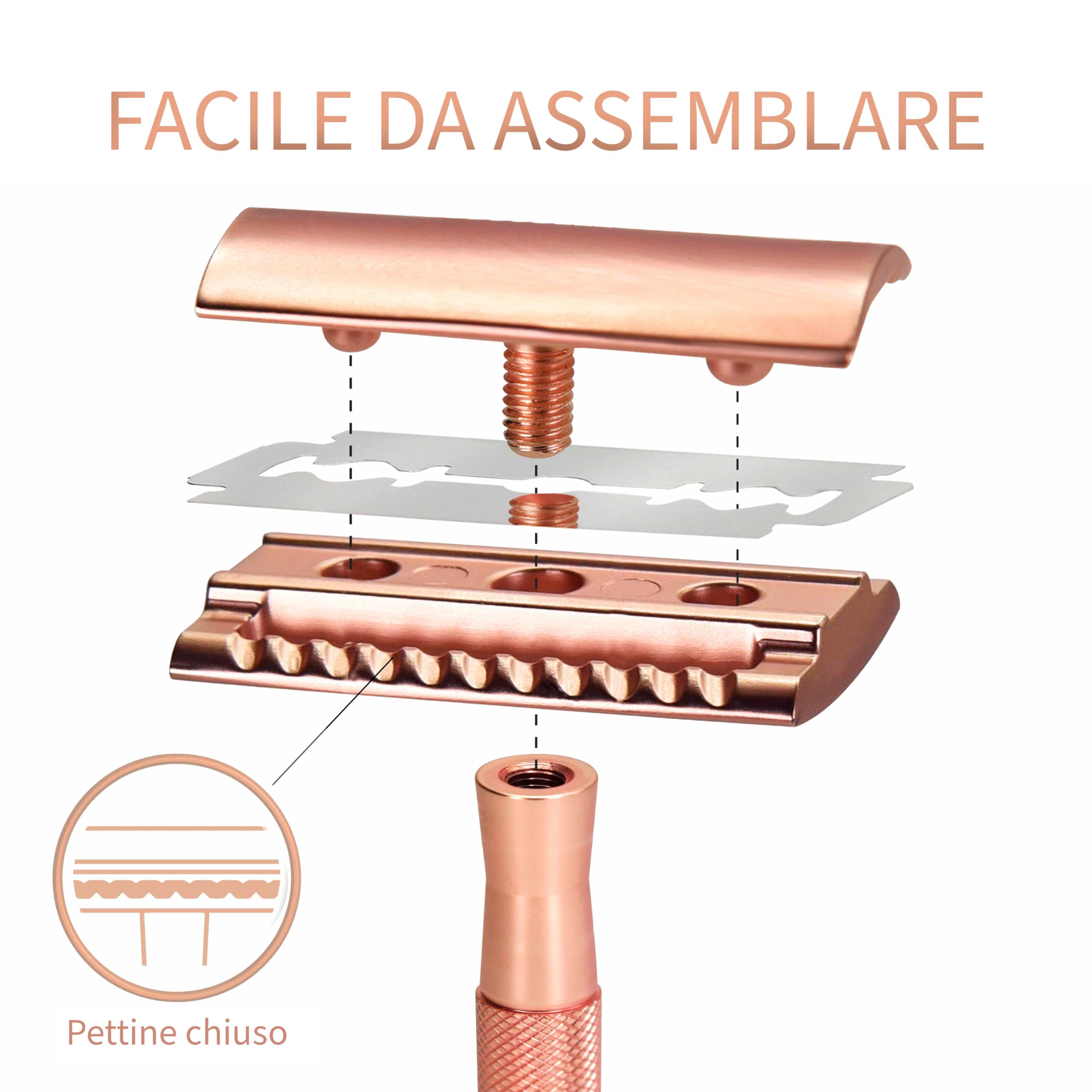 Bambaw Rasoio Sicurezza Donna con 5 Lamette per Rasoio di Sicurezza in Acciaio Inox Svedese Resistente alla Ruggine, Realizzato in Metallo Senza Plastica, Ideale per Tutti i Tipi di Pelle (Oro Rosa)