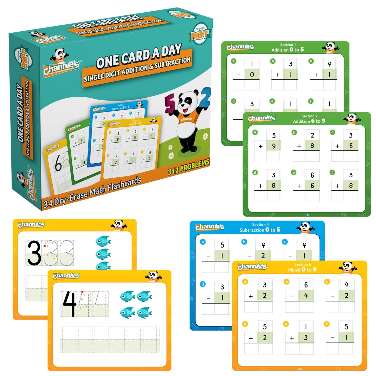 Channie's One Card a Day Single Digit Addition and Subtraction Flash Cards, 34 Dry Erase Pre K - 1st Grade Math Flashcards for Kids, 312 Problems, Fun & Easy to Follow