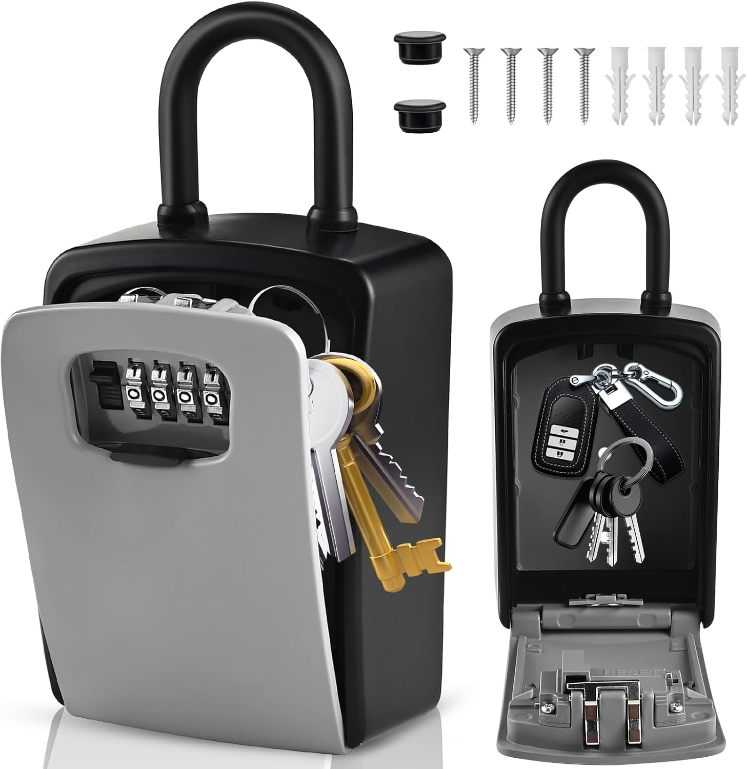 XXL Large Key Lock Box, 5.5”x4.1”x2.1” Waterproof Kirsite Combination Lockbox for Keys Outdoor, Portable Key Lock Box Wall Mount with Code (1 Pack, Black-Gray) 1pcs-XXL