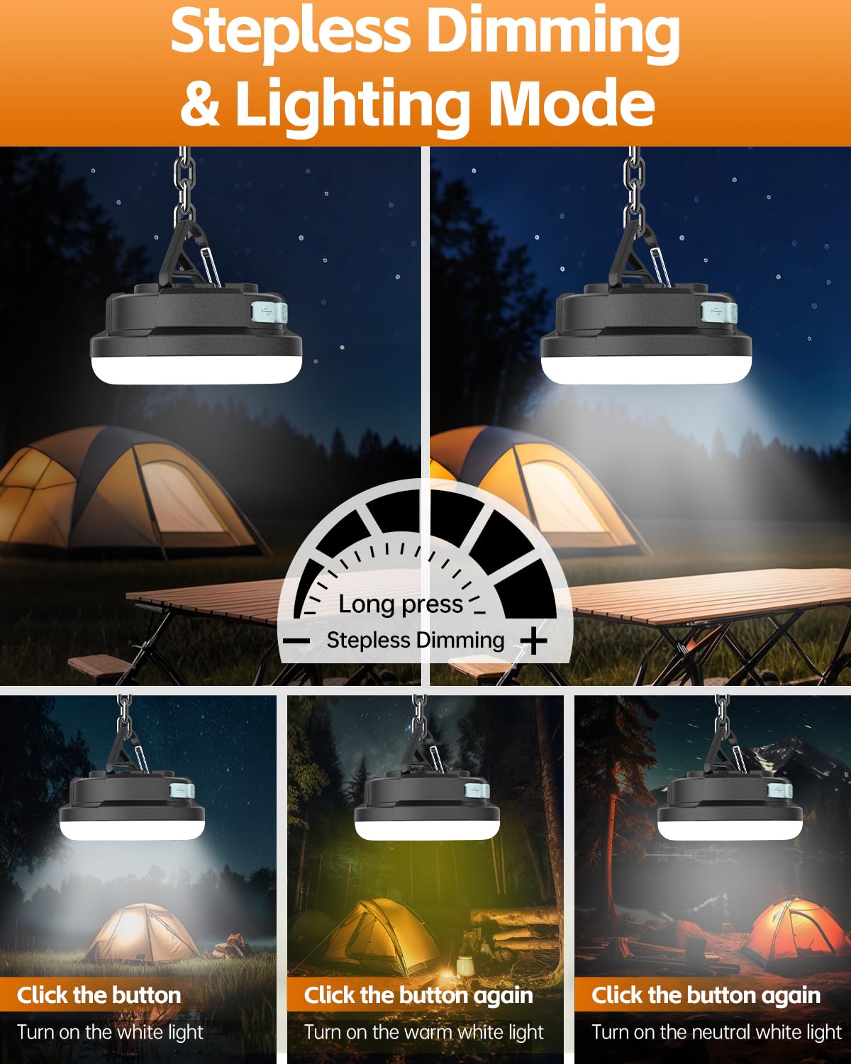 Lanterna da campeggio ricaricabile a LED, luci da campeggio portatili con 6 modalità, luce magnetica da appendere, luce di emergenza impermeabile IPX5 per interruzioni di corrente, uragani