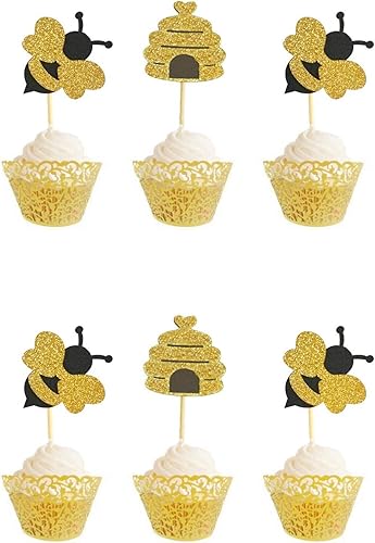 WallyE Bumble Bee - Decoración para cupcakes para fiesta de cumpleaños en forma de abeja y panal con purpurina, paquete de 12