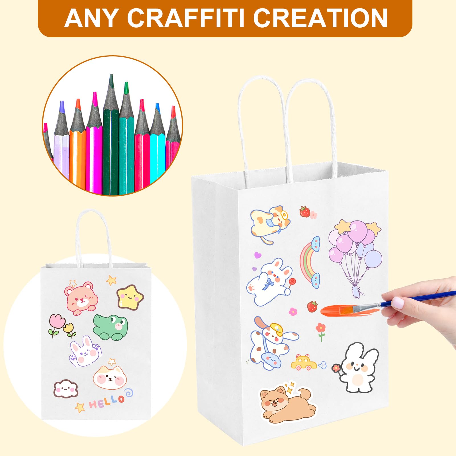 200 Stück Papiertüten 14 x 8,1 x 21,6 cm, braune Geschenktüten mit Griffen, kleine Papiertüten (weiß)