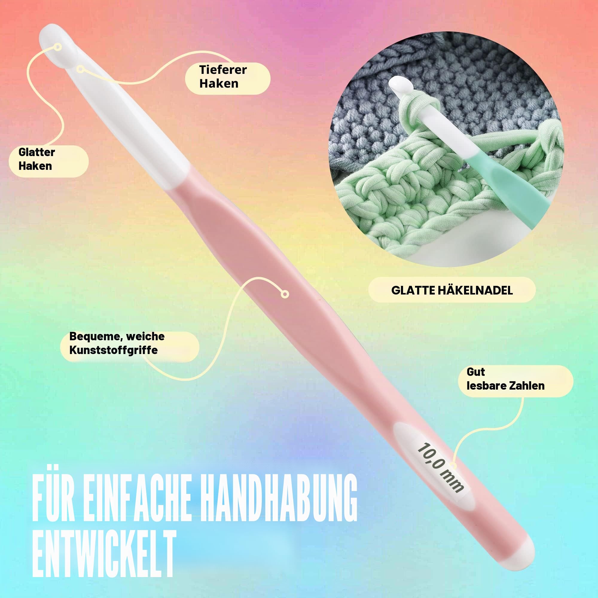 KOKNIT Häkelnadeln Set, ergonomischer Griff, Häkelnadel Set für arthritische Hände, bequeme, bunte Häkelnadeln, 8–15 mm, 4 Stück