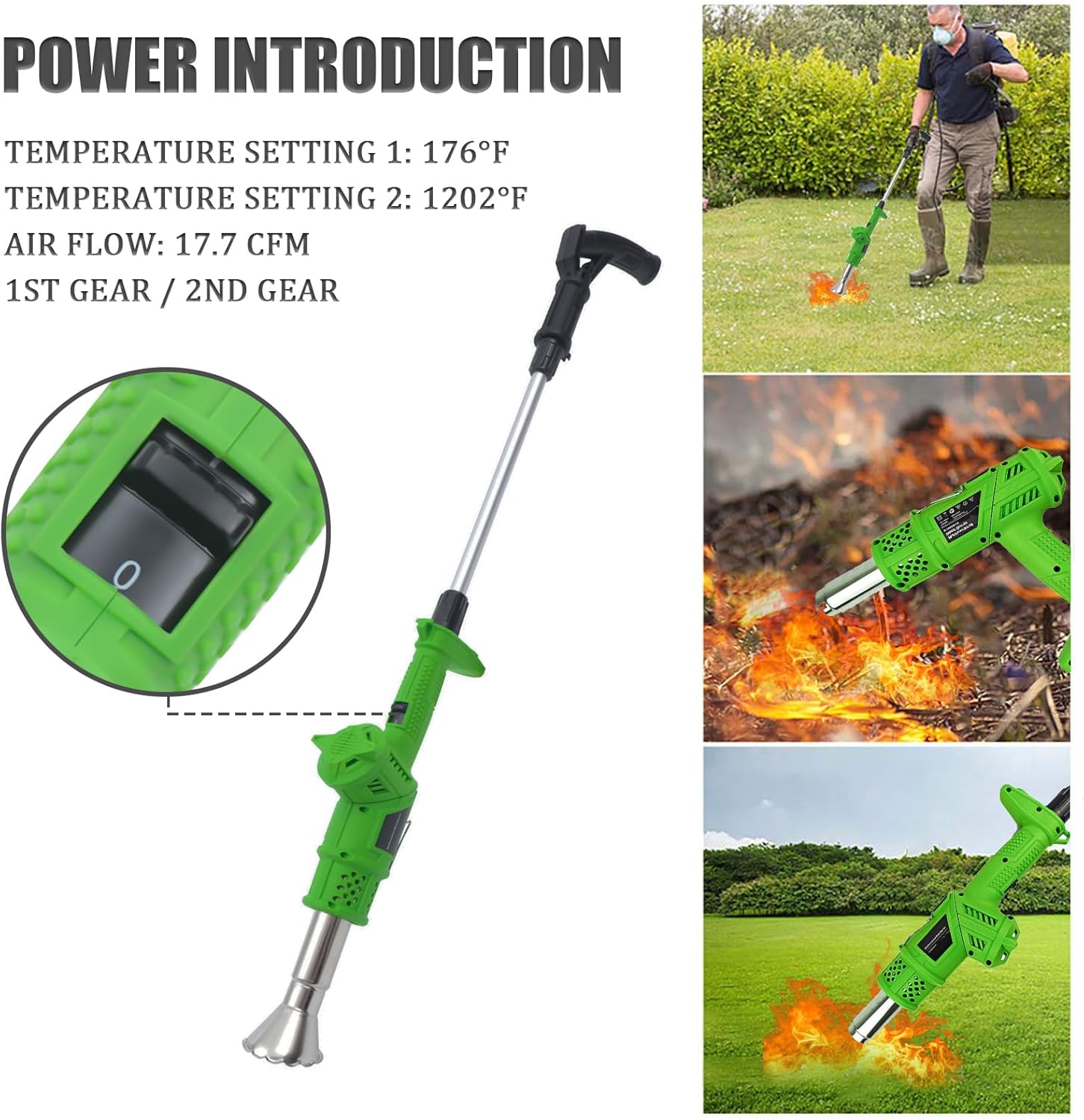 3-in-1 Electric Weed Burner Wand - 1500W Garden Weed Eater - Heat Gun with Adjustable Temperature, Nozzle Replacements for Flame Weeding, Roofing, and Ice Melting – Eco-Friendly, Safe, High Power