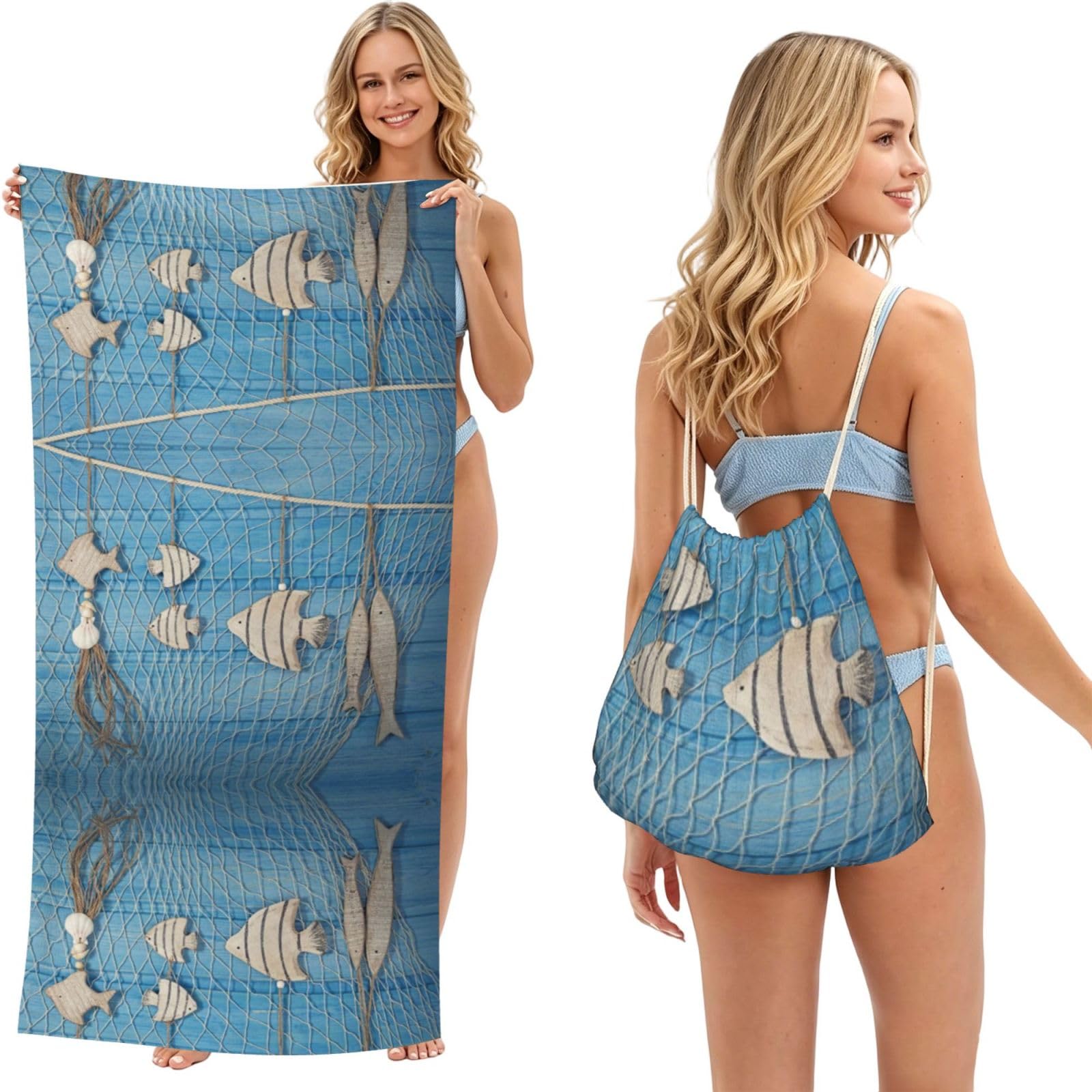 Serviette de plage filets de pêche 180x60 cm avec son sac à cordon pratique
