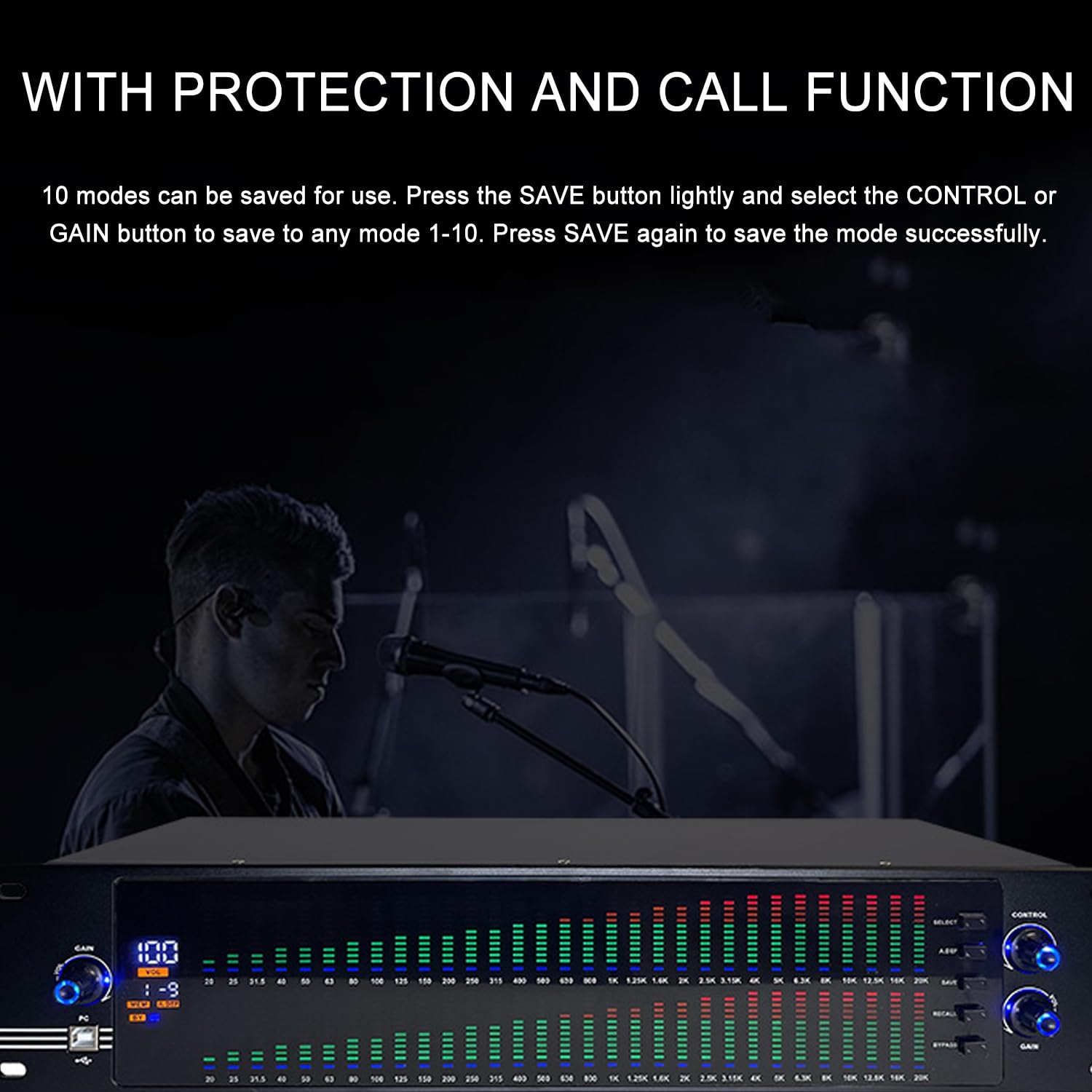 Égaliseur graphique 2 canaux 31 bandes avec écran LED, 10 effets prédéfinis, réduction automatique du bruit, réglage indépendant des basses/moyens/aigus pour studio d'enregistrement