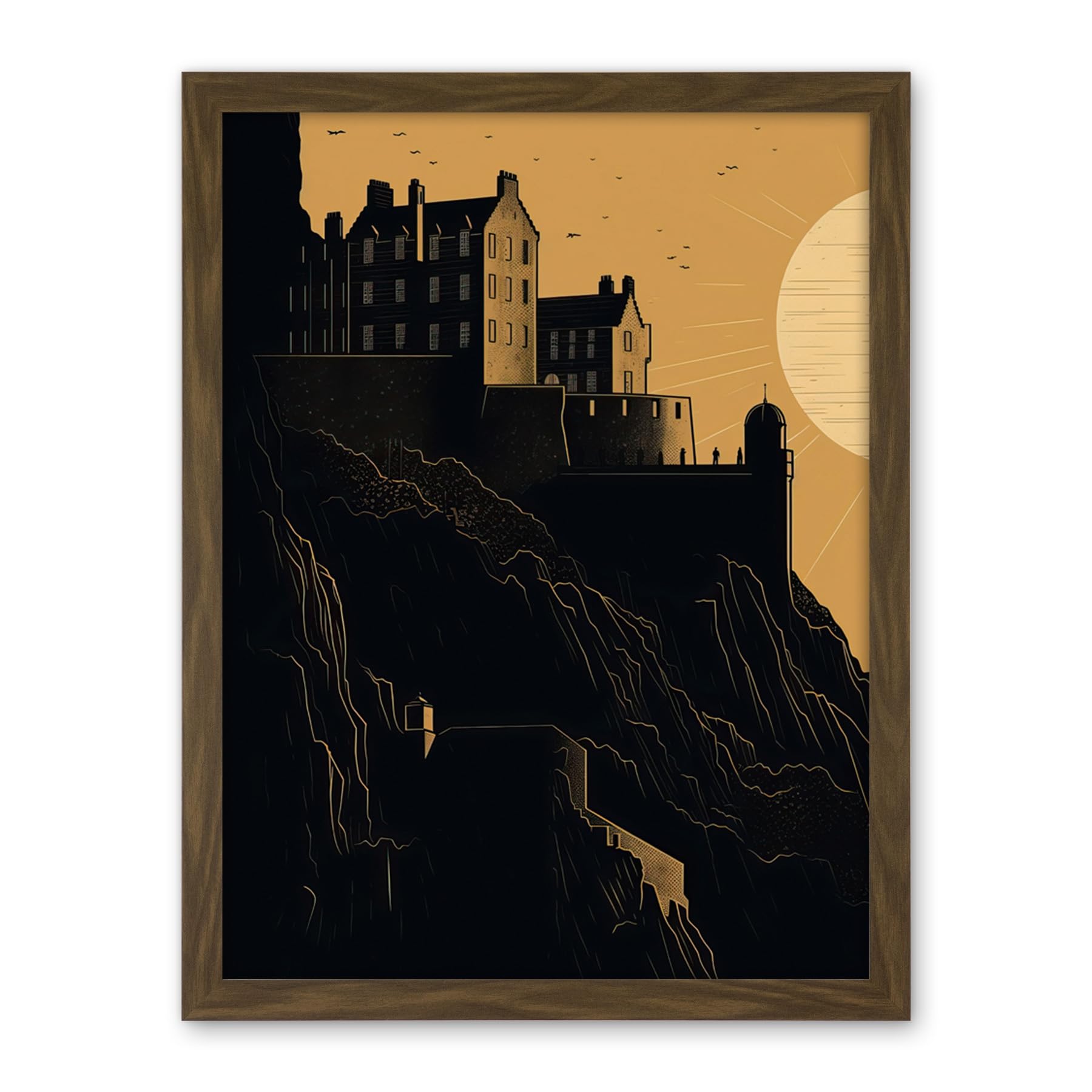 Artery8 Edinburgh Castle at Sunset Linocut Illustration Artwork Framed Wall Art Print 18X24 Inch
