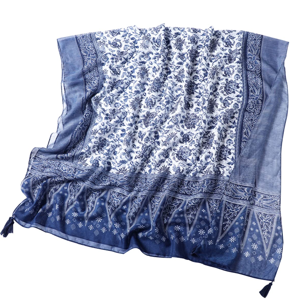 GALPADA 3pezzi Sciarpa Lunga Cotone Con Motivo Porcellana Blu e Bianco Elegante Sciarpa Frangia Femminile Per Picnic Spiaggia e Attività All Aperto