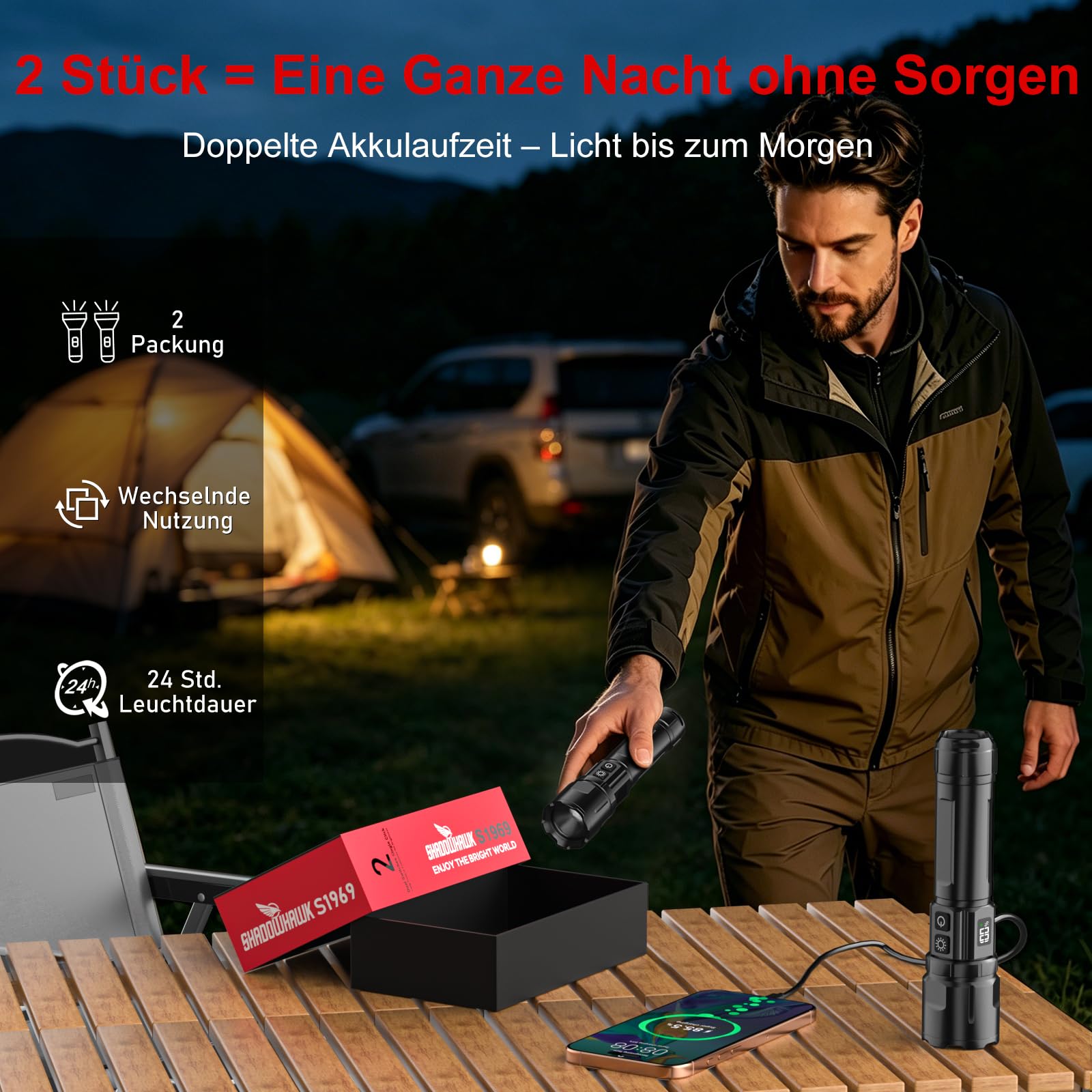 Shadowhawk Taschenlampe Led Aufladbar 2-Stück | Taktische Taschenlampe (2 Schalter) 500000 Lumen Extrem Hell, Bis zu 1000m Reichweite, 12h Laufzeit für Camping/Outdoor/Wandern, Anpassbare Helligkeit