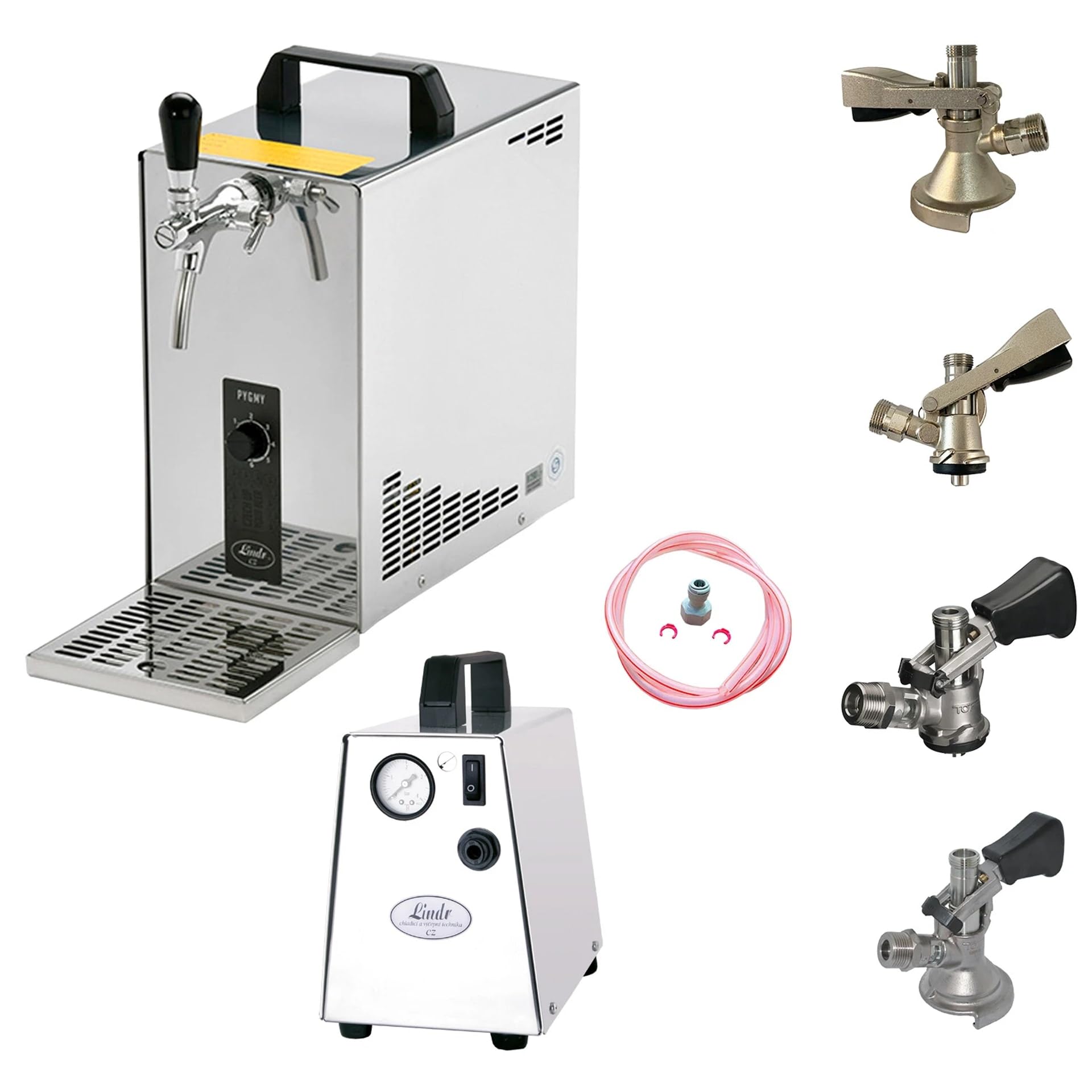 Kit complet système de tirage à bière Pygmy 25 mono-ligne refroidisseur sec 35 l/h avec tête de tirage, compresseur et accessoires, set tous de tête de fut