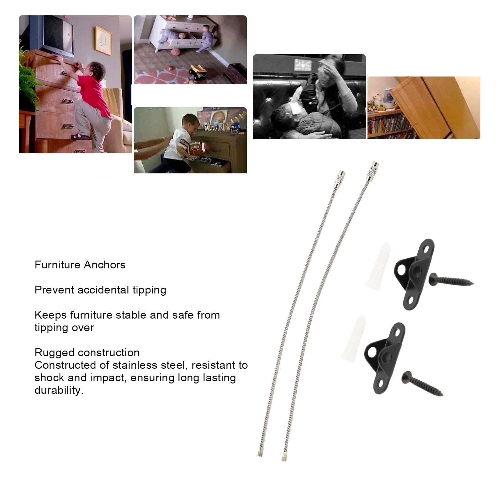 Hilitand Black Stainless Steel Furniture Anchors, Adjustable Anti Tip Straps Kit for Home with Wall Anchors Protect Children from Accidental Tipping