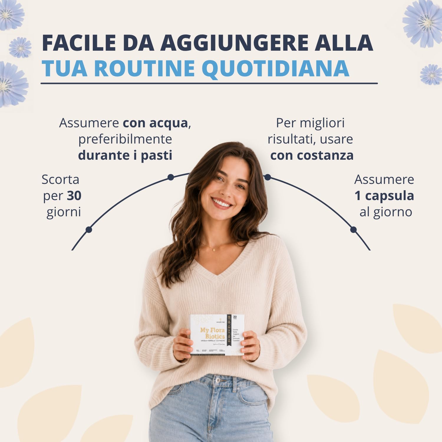 Golden Tree My Flora Biotics – Integratore Alimentare, 30 Capsule | Con 6 Ceppi di Lactobacillus, D-Mannosio e Inulina, 12 Miliardi di CFU