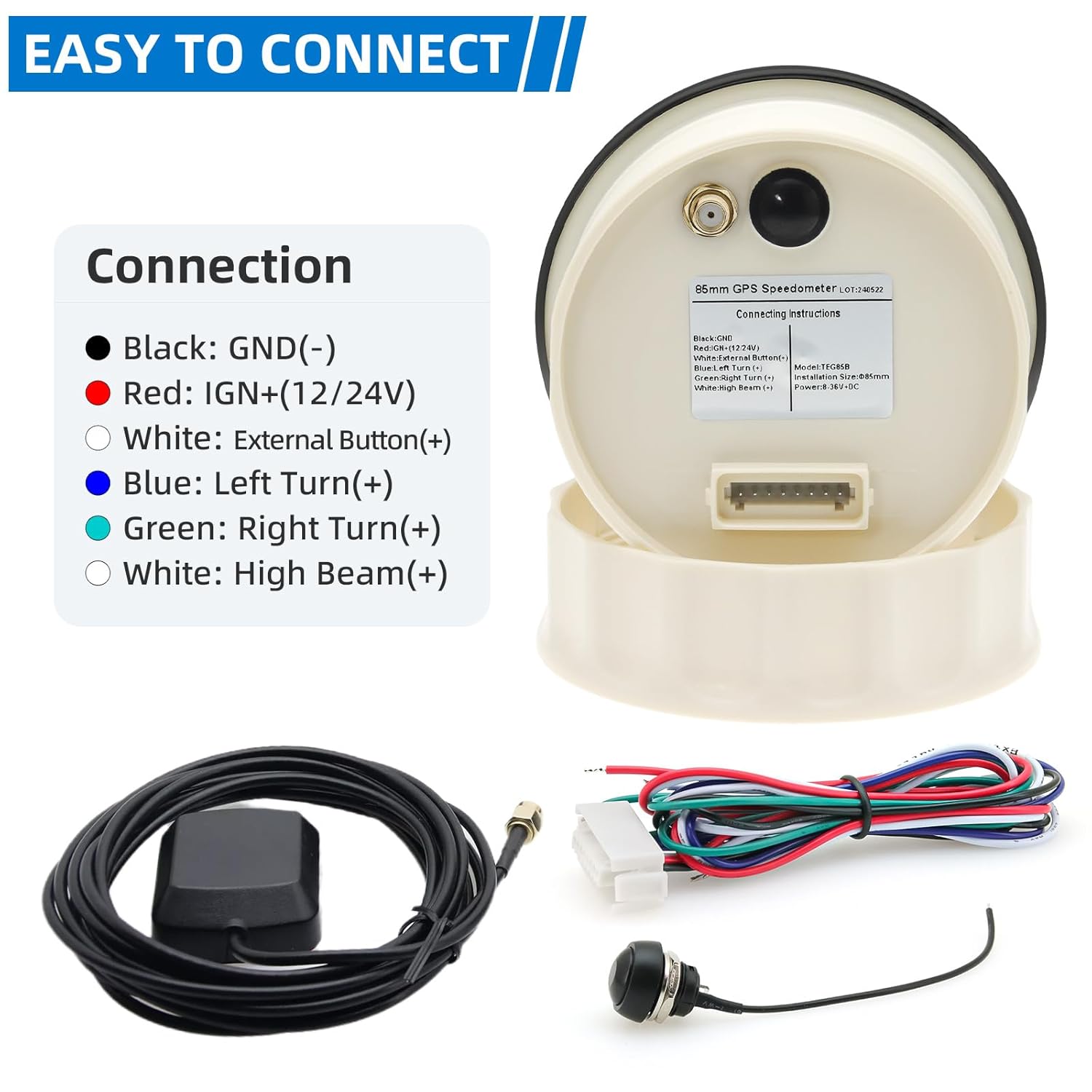 MH 85mm GPS Speedometer with Overspeed Alarm - White Backlight, Digital GPS Speed MPH/KMH Antenna Turn Signal NSWE Waterproof AUTO Gauge for Car, Truck, Boat,Marine