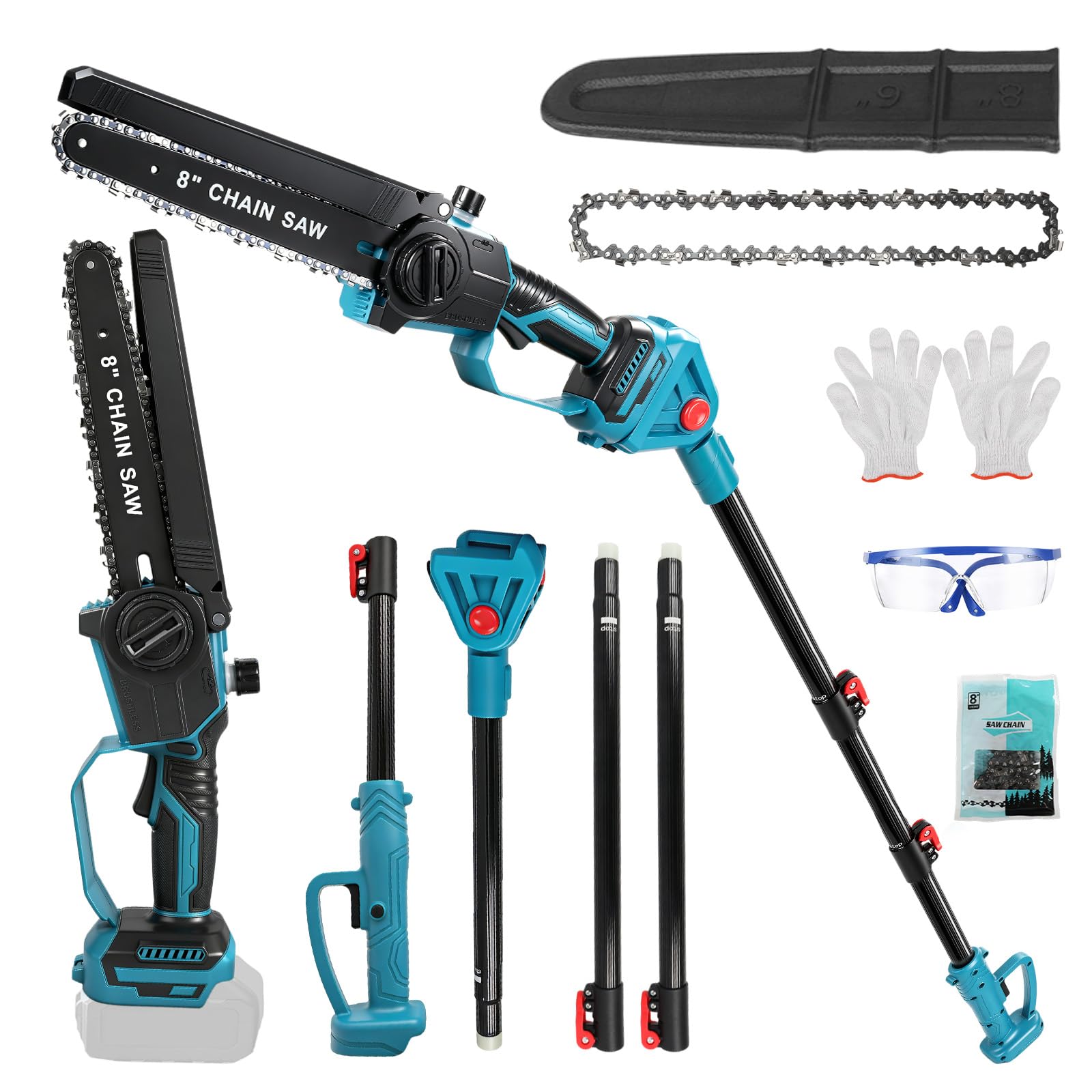 Scie à élaguer professionnelle sans fil chaîne compatible avec Makita 18V, 8 pouces Scie à élaguer sans Balais avec manche télescopique électrique hauteur travail du sécateur (Sans batterie)